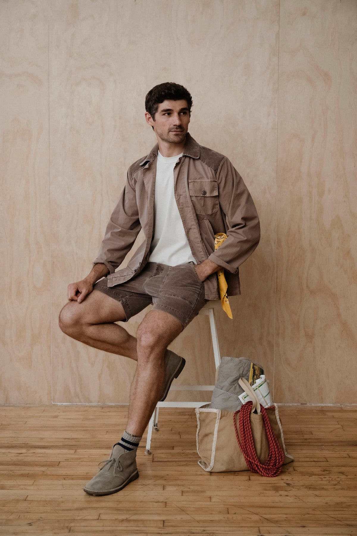 Men's taupe field jacket with button front and flap chest pockets