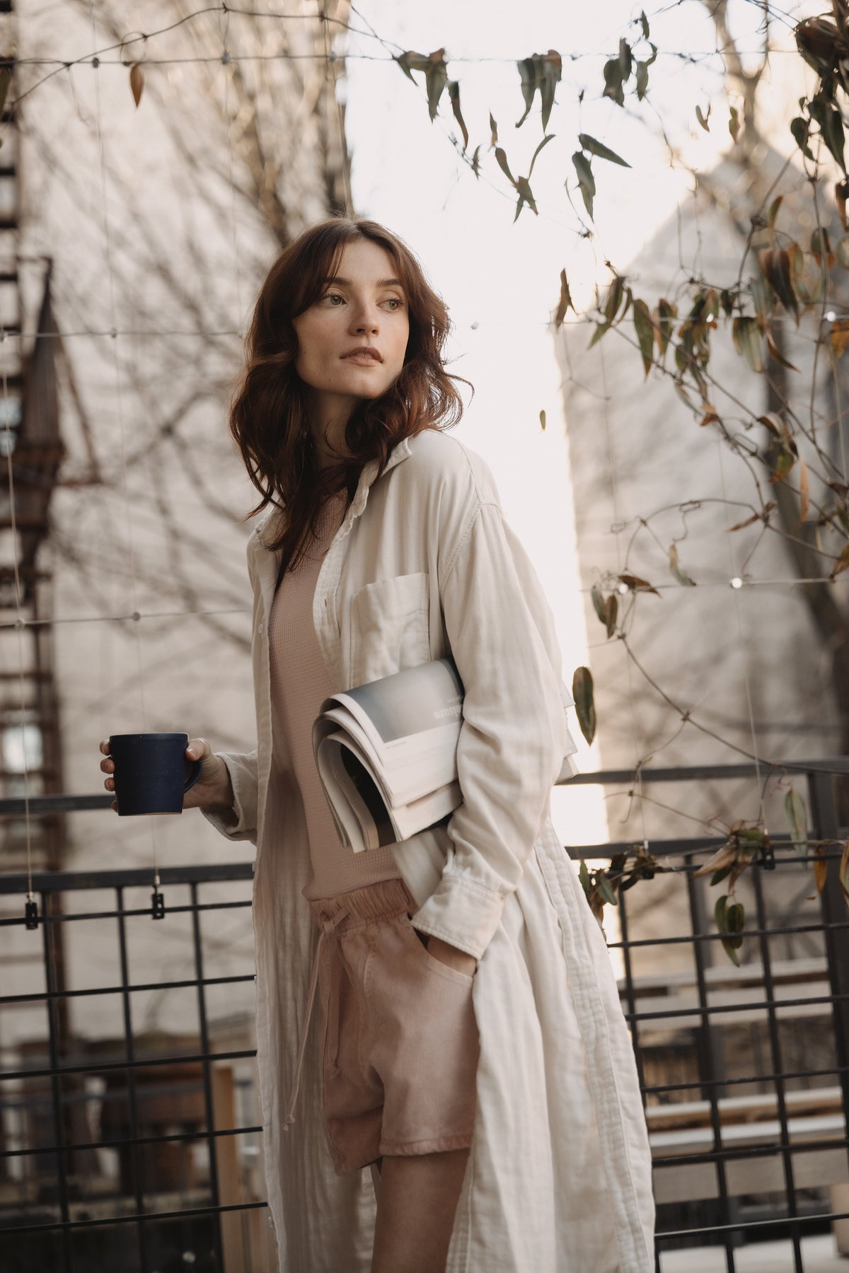 Light earth gauze shirt dress with chest pocket, long sleeves, button front, tied waist