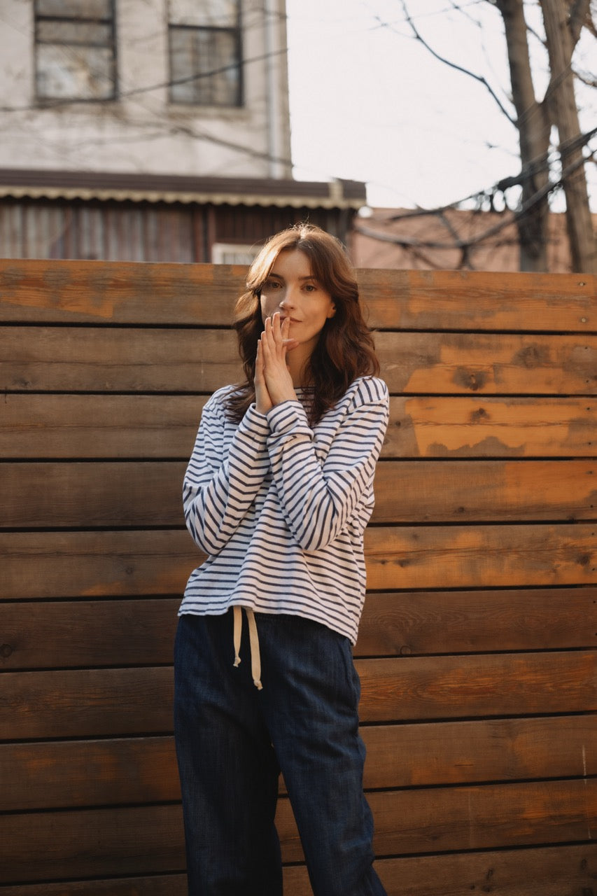 Boxy boat-neck striped long-sleeve tee in white and navy stripes