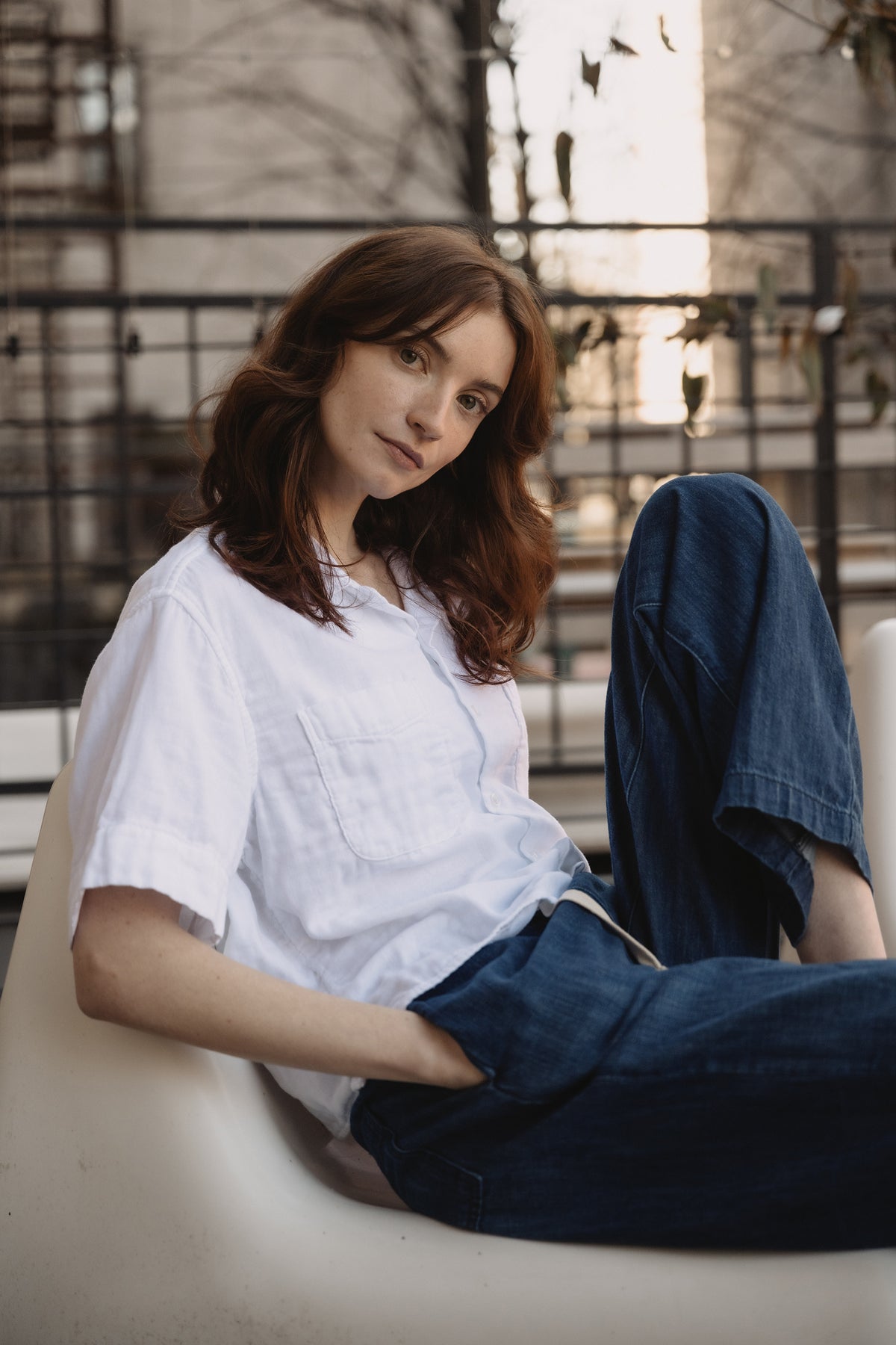 White triple gauze short-sleeve button-up shirt with patch chest pockets