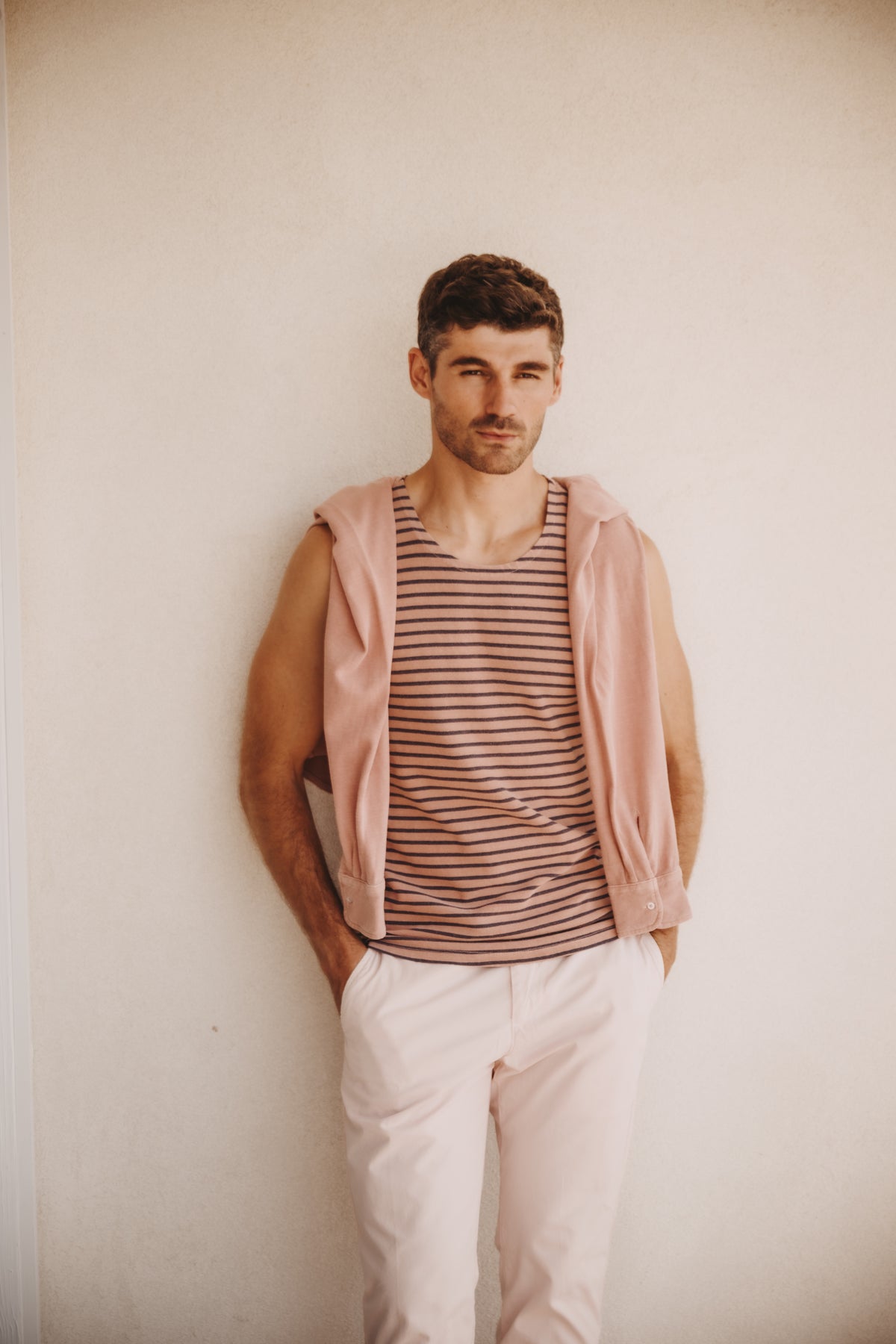 Men's rose and dark brown striped sleeveless hemp tank top, crew neck