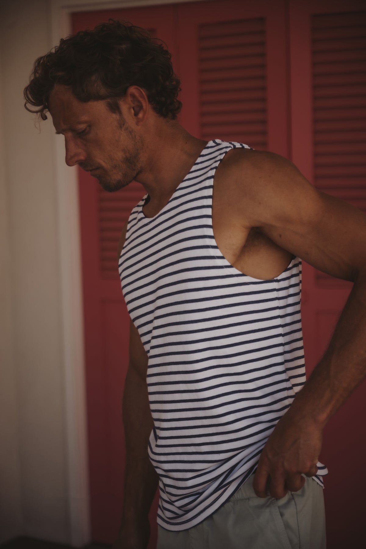 Men's white and navy striped sleeveless hemp tank top, crew neck