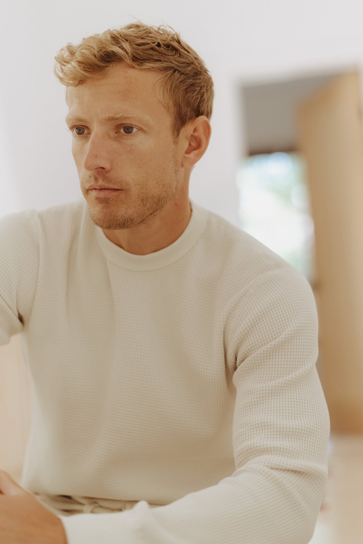 Long-sleeve waffle knit crewneck T-shirt close-up, white