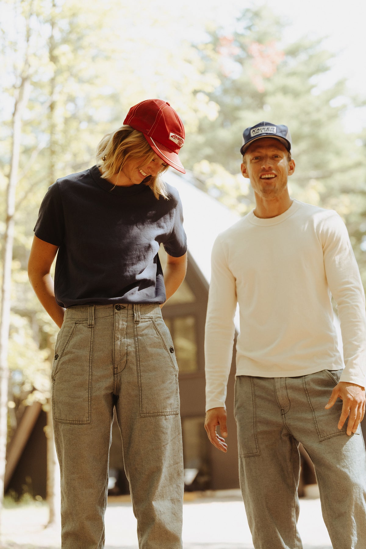 Light tan deck pant trousers with drawstring waist and front pockets
