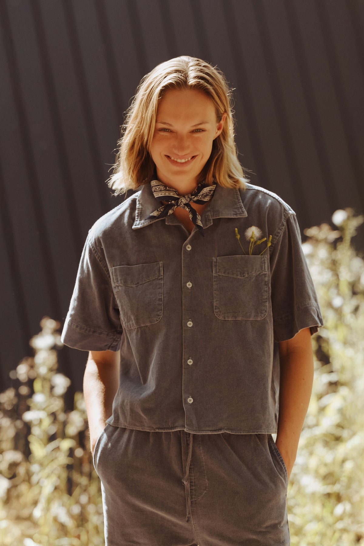 Dark brown camp cord shirt with point collar, button front, and chest pockets