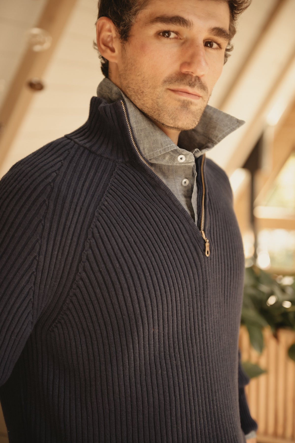 Cotton 1/4 zip sweater, navy ribbed knit with front zip and stand collar