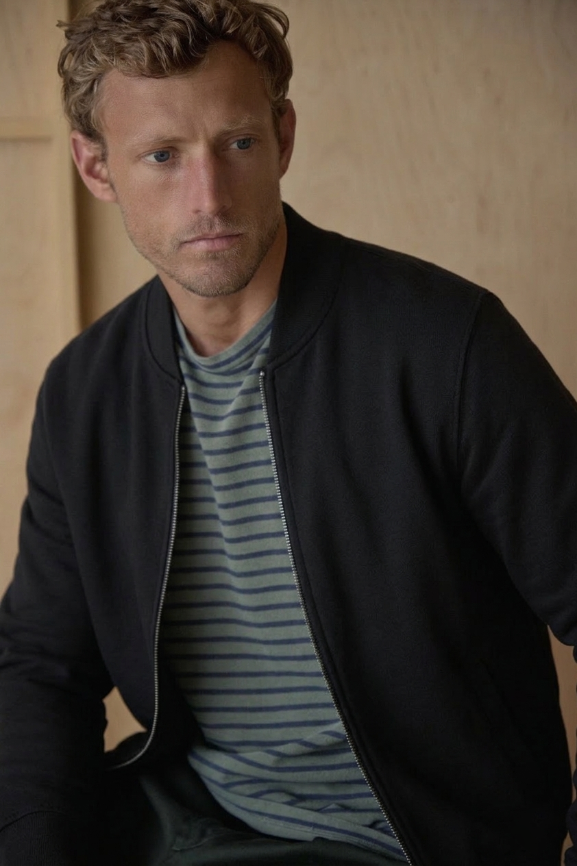 Black zip bomber jacket with ribbed cuffs and stand collar