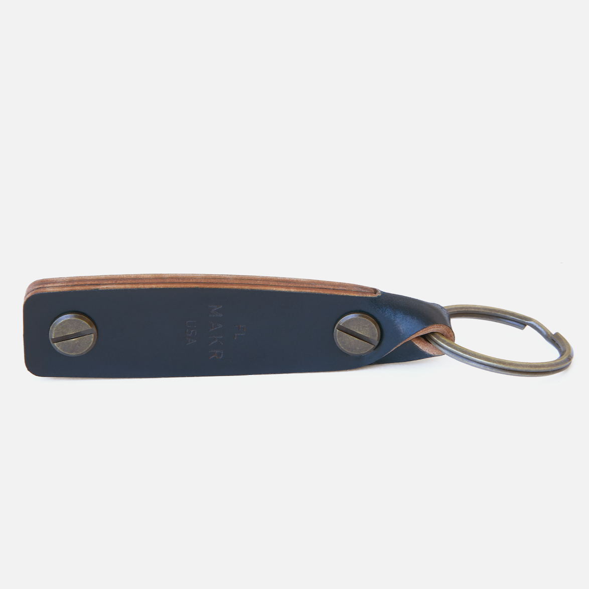 Navy leather key fob key chain with metal button and split key ring