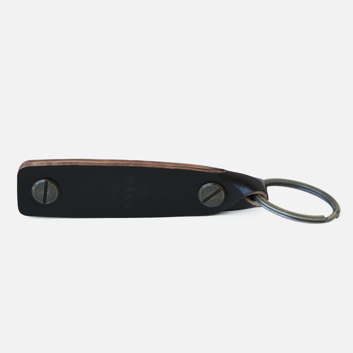 Black leather key fob key chain with metal button and split key ring