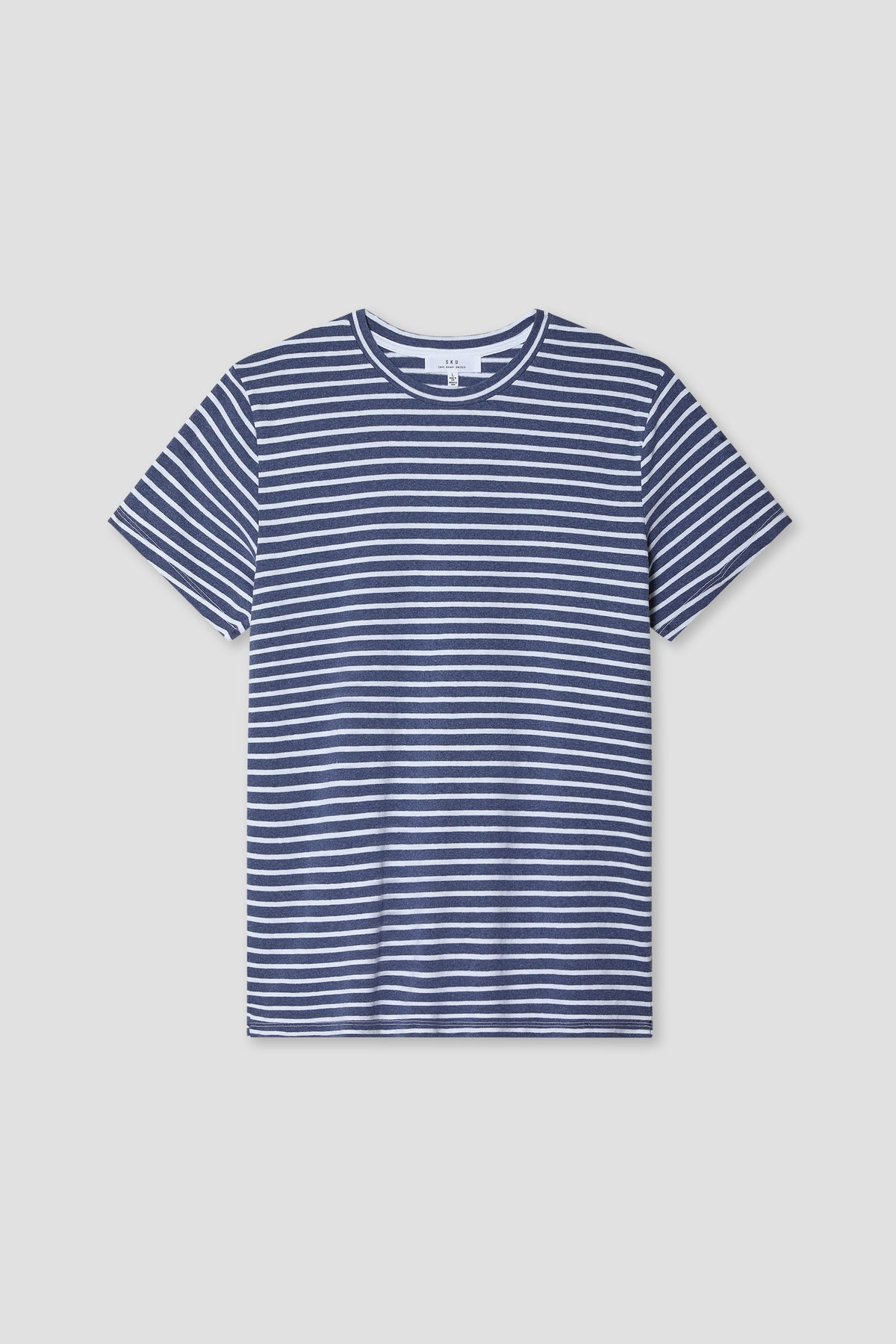 Striped crew neck tee with short sleeves, navy blue with white horizontal stripes
