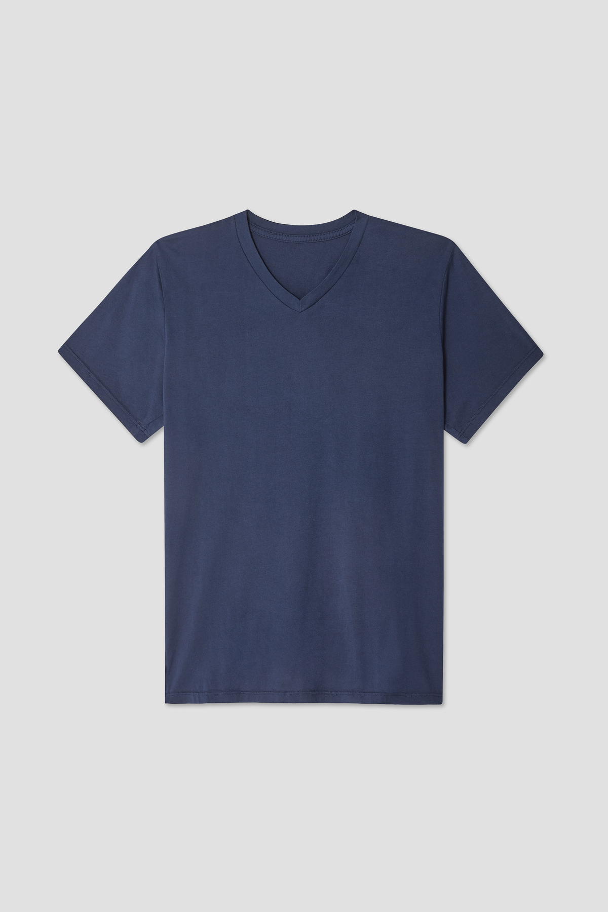 Men's Supima V-neck tee in navy, short sleeves, V-neck ribbed collar.