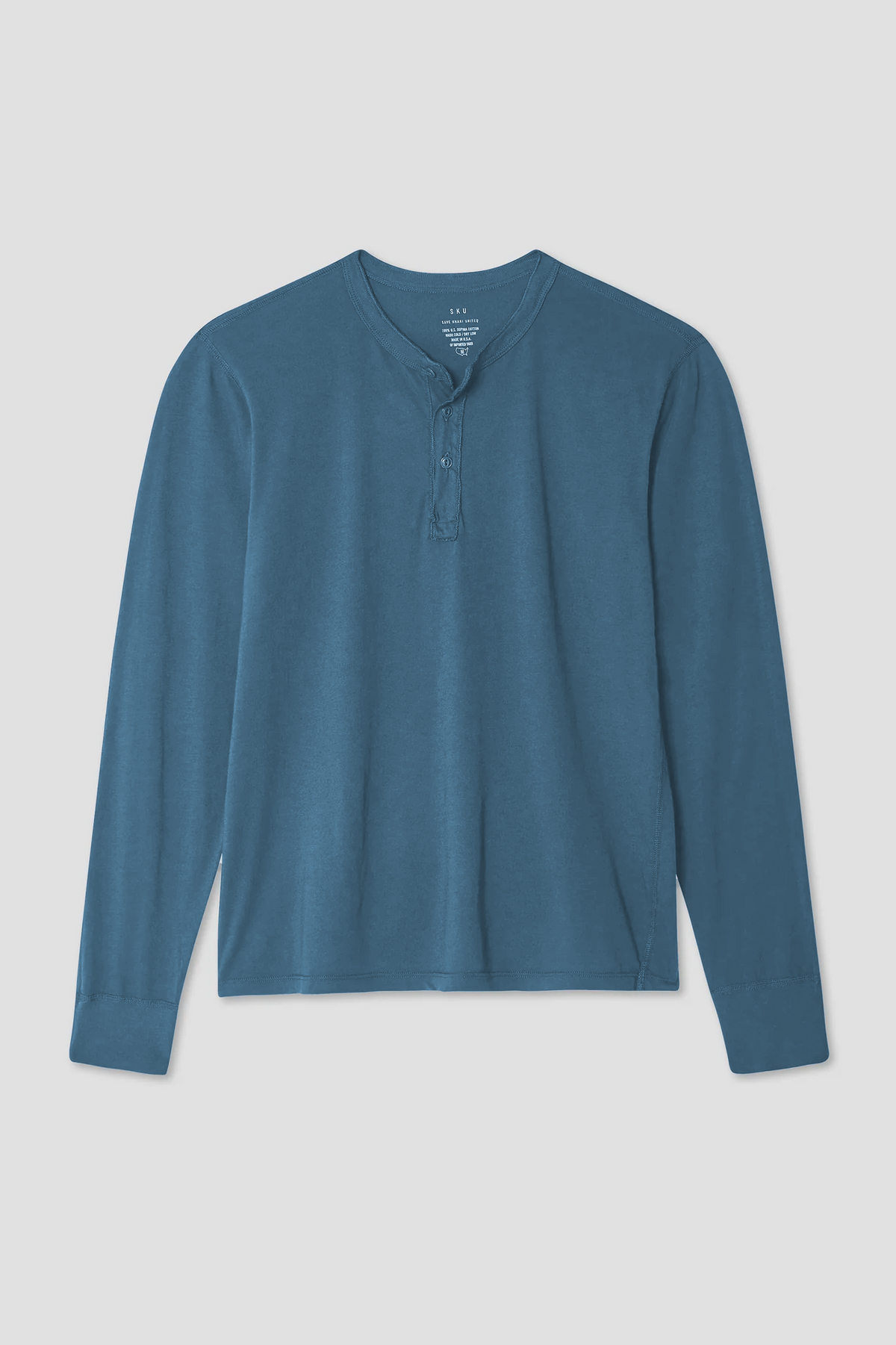 Long sleeve supima jersey henley shirt in teal blue with button-front placket