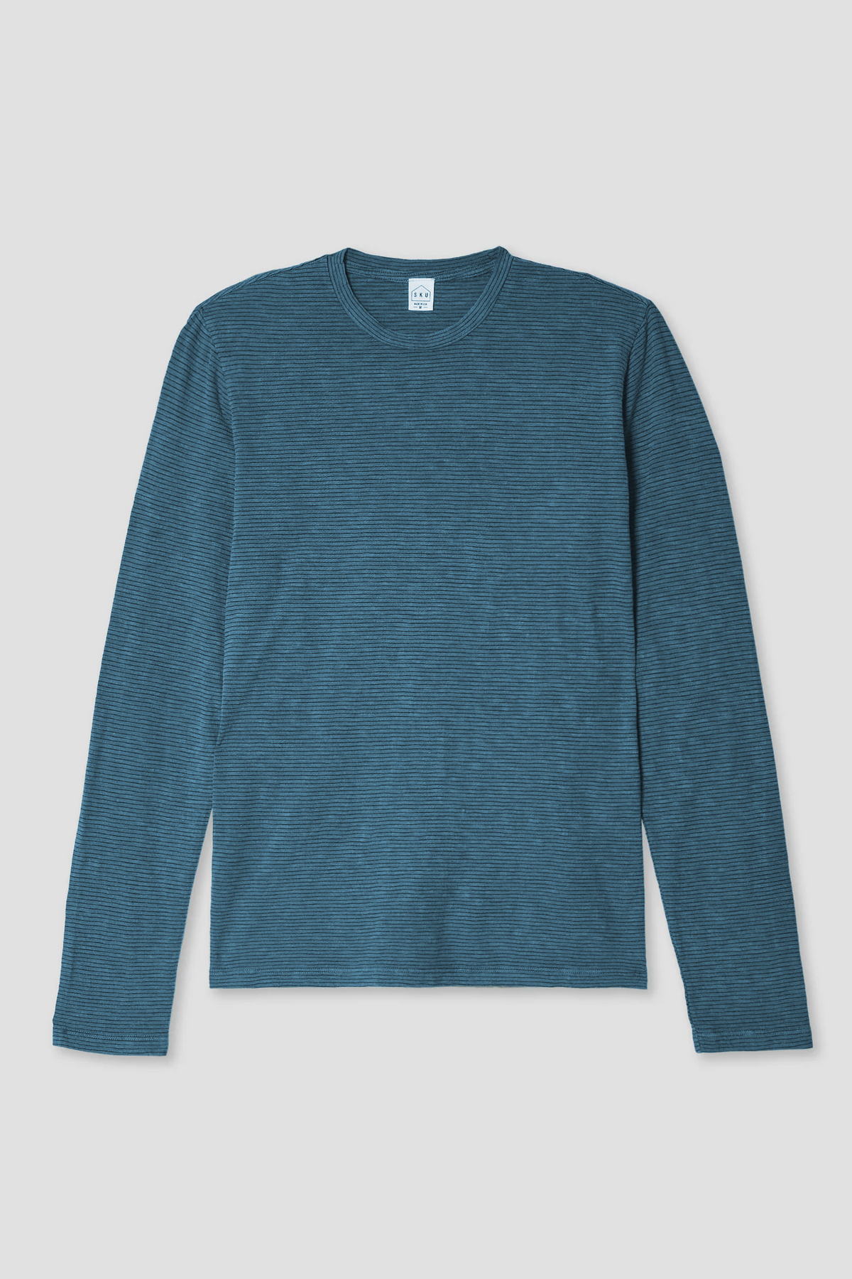 Teal long-sleeve crew tee with thin stripe texture