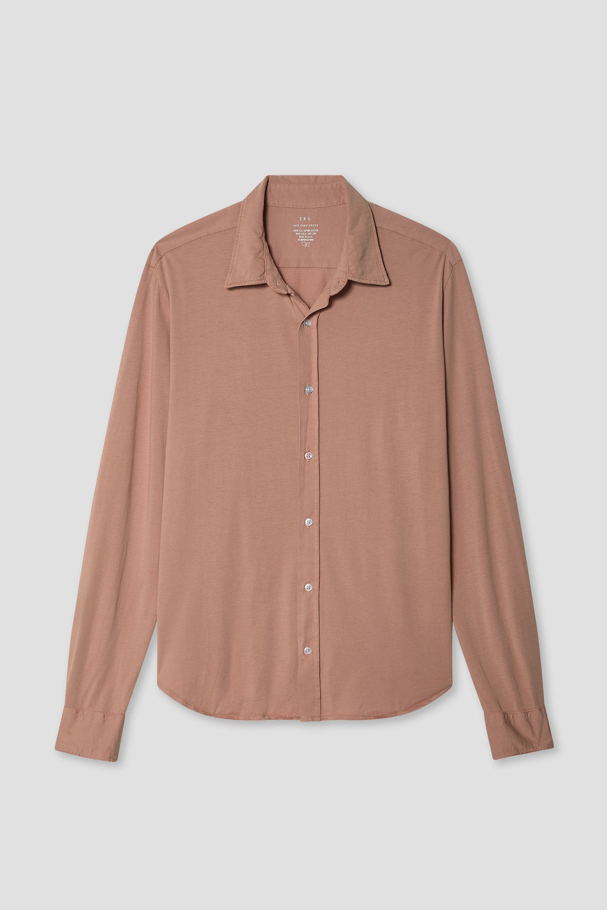 Dusty rose long-sleeve button-up jersey shirt with point collar and front buttons