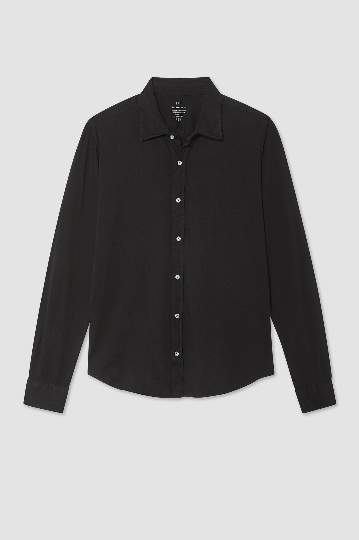 Long-sleeve button-up shirt in black, spread collar, front button placket