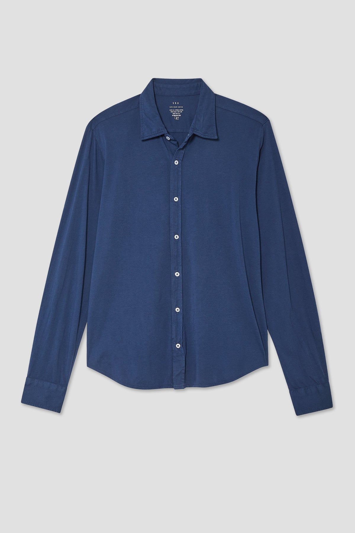 Long-sleeve button-up shirt in deep blue, spread collar, front button placket