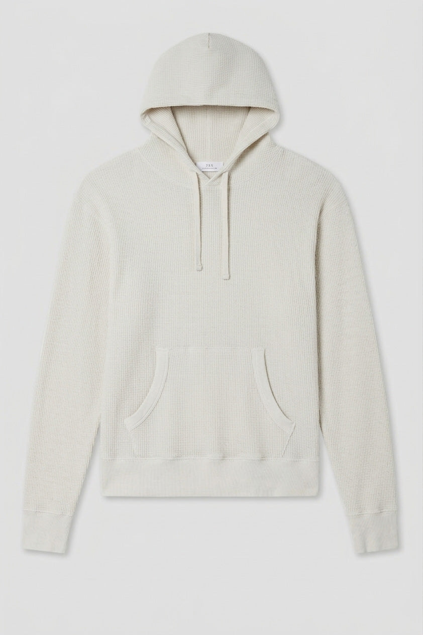 Off-white waffle pullover hoodie with kangaroo pocket and center drawstring