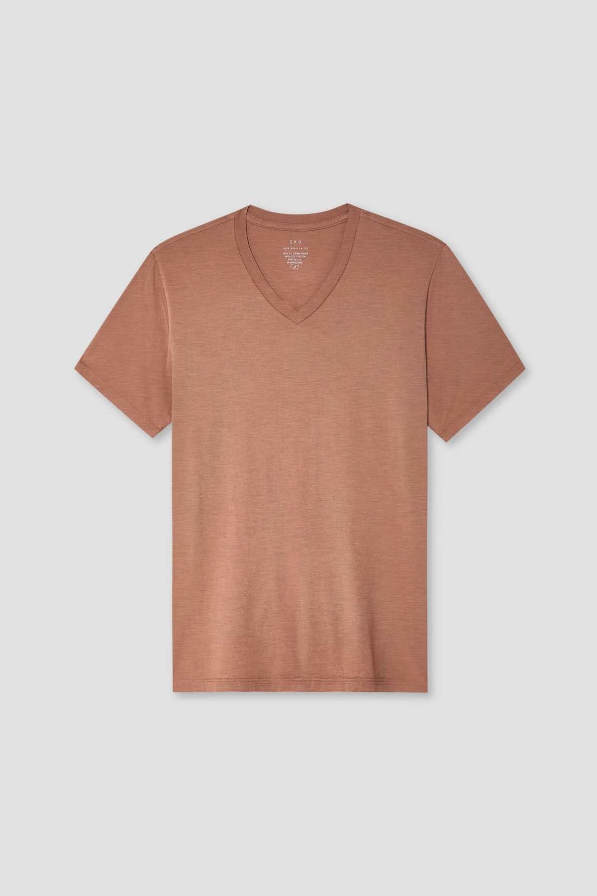 Men's Supima V-neck tee in rust brown, short sleeves, V-neck ribbed collar.