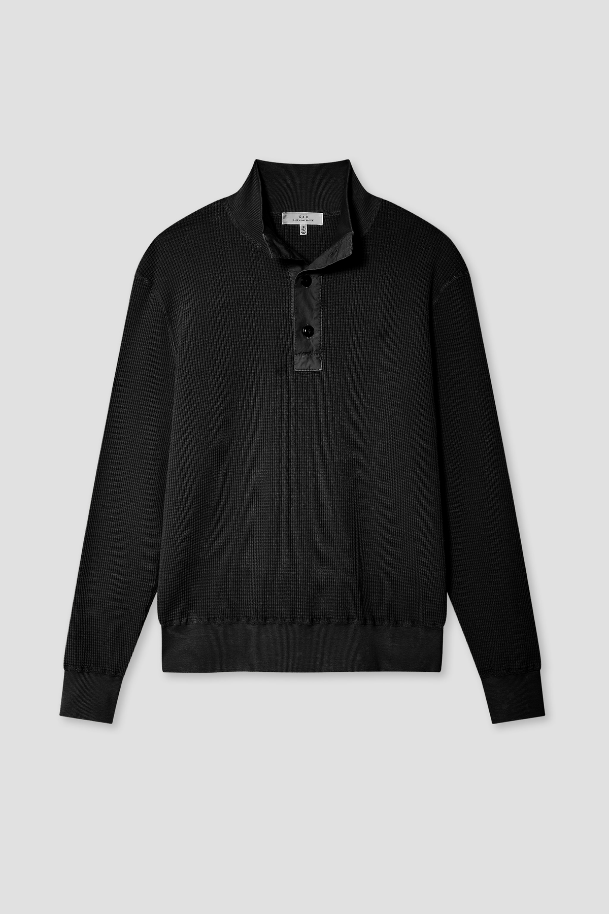 Black waffle mock neck pullover sweater with button placket and long sleeves