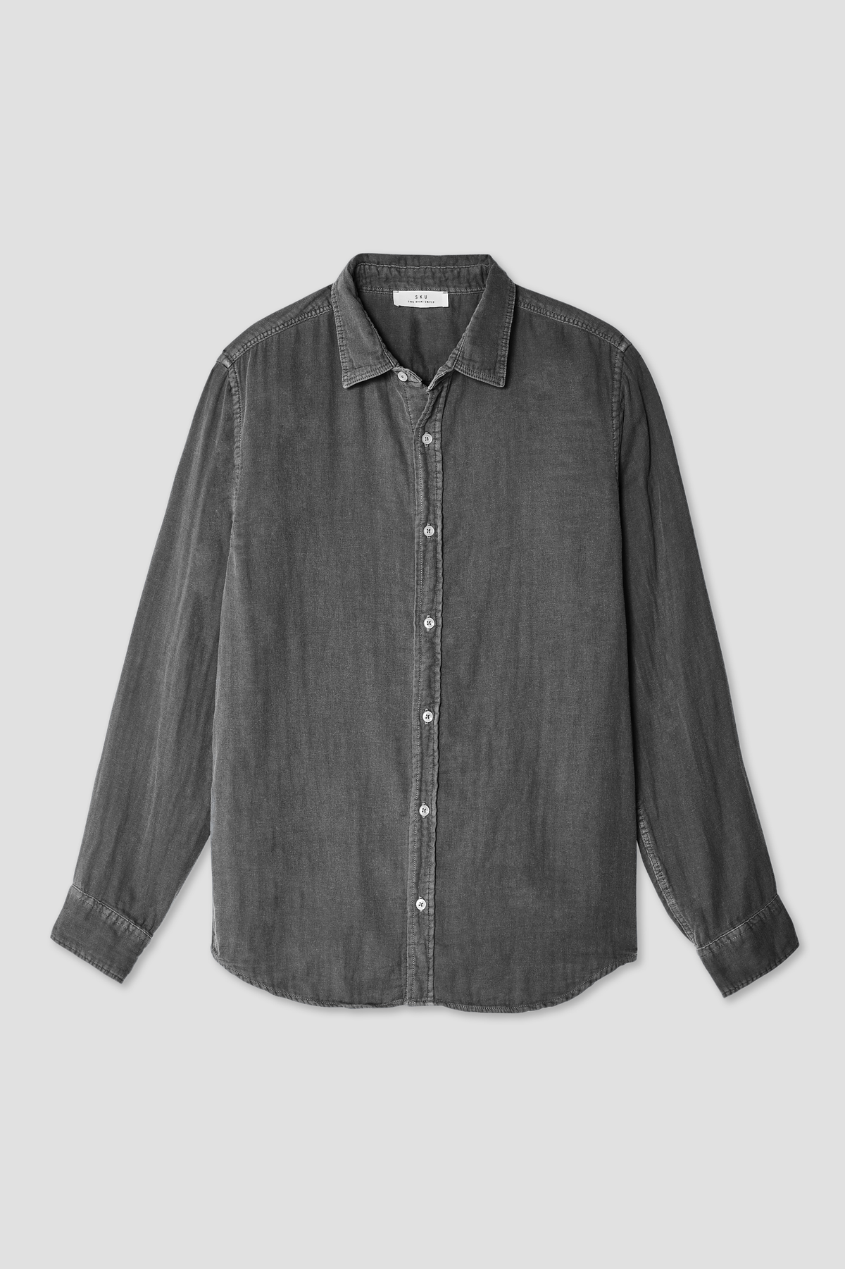 Men's dark gray button-up shirt with long sleeves, pointed collar, button front