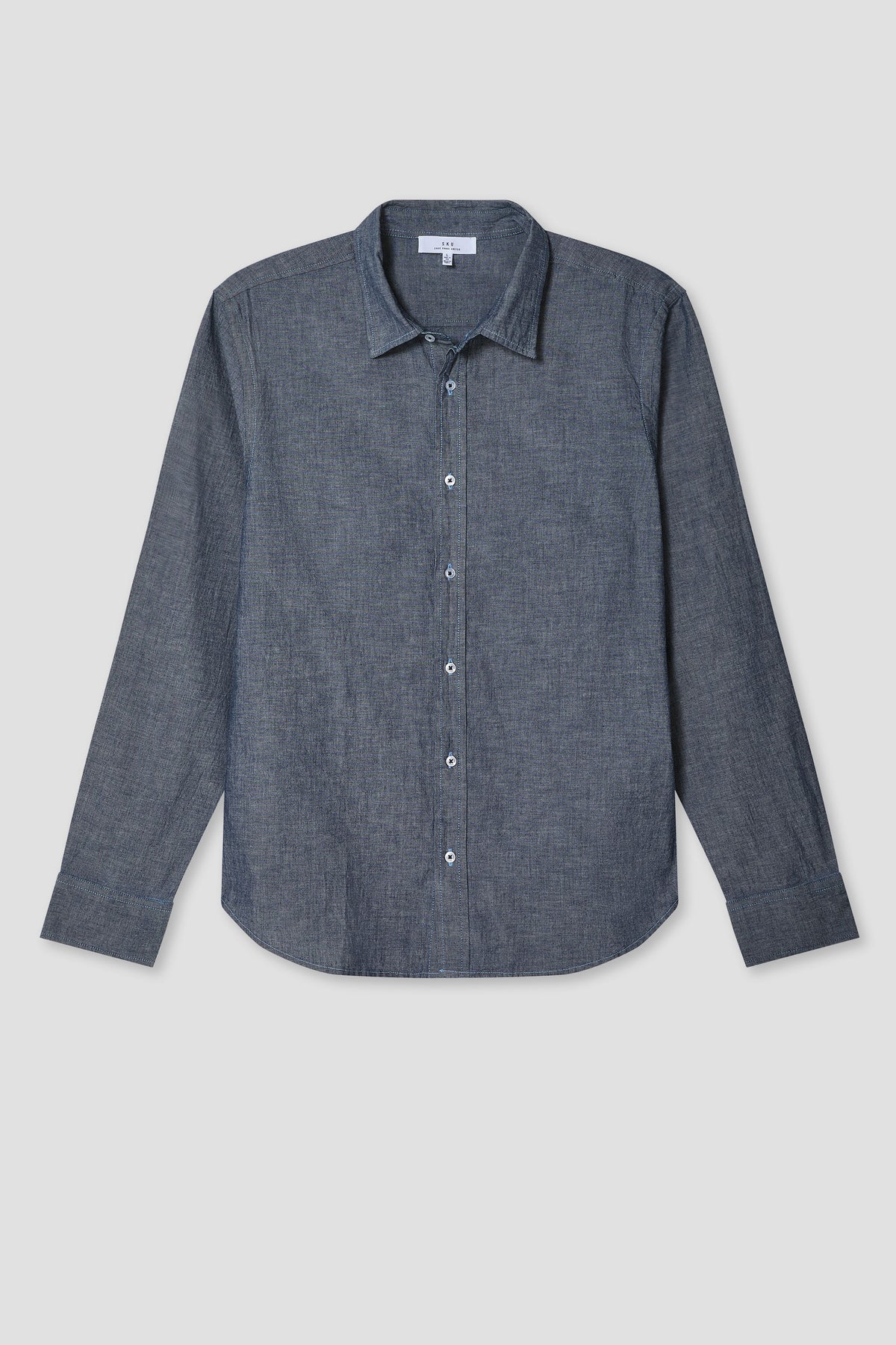 Dark chambray button-up shirt, point collar and front buttons, long sleeves