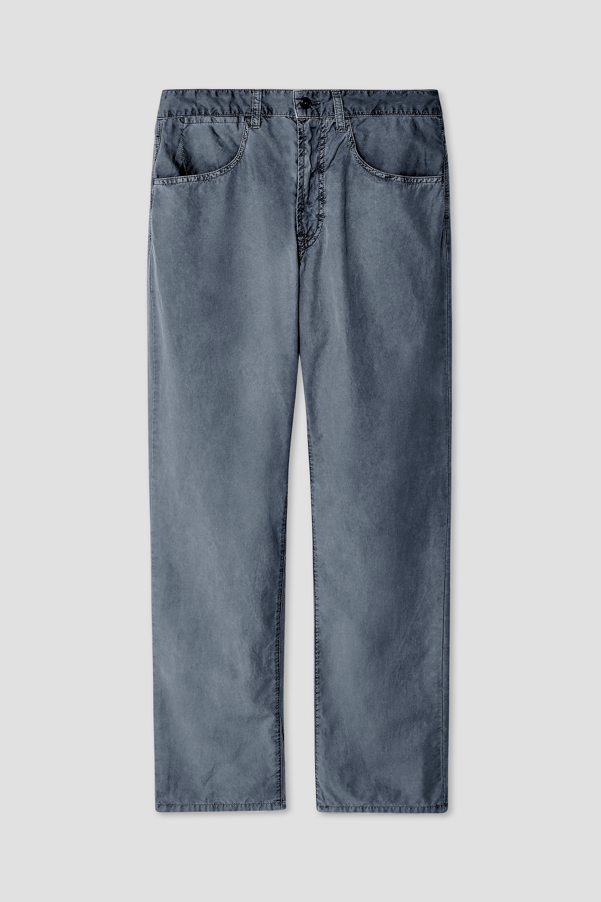 Navy standard jeans with straight leg, button fly, and front slant pockets