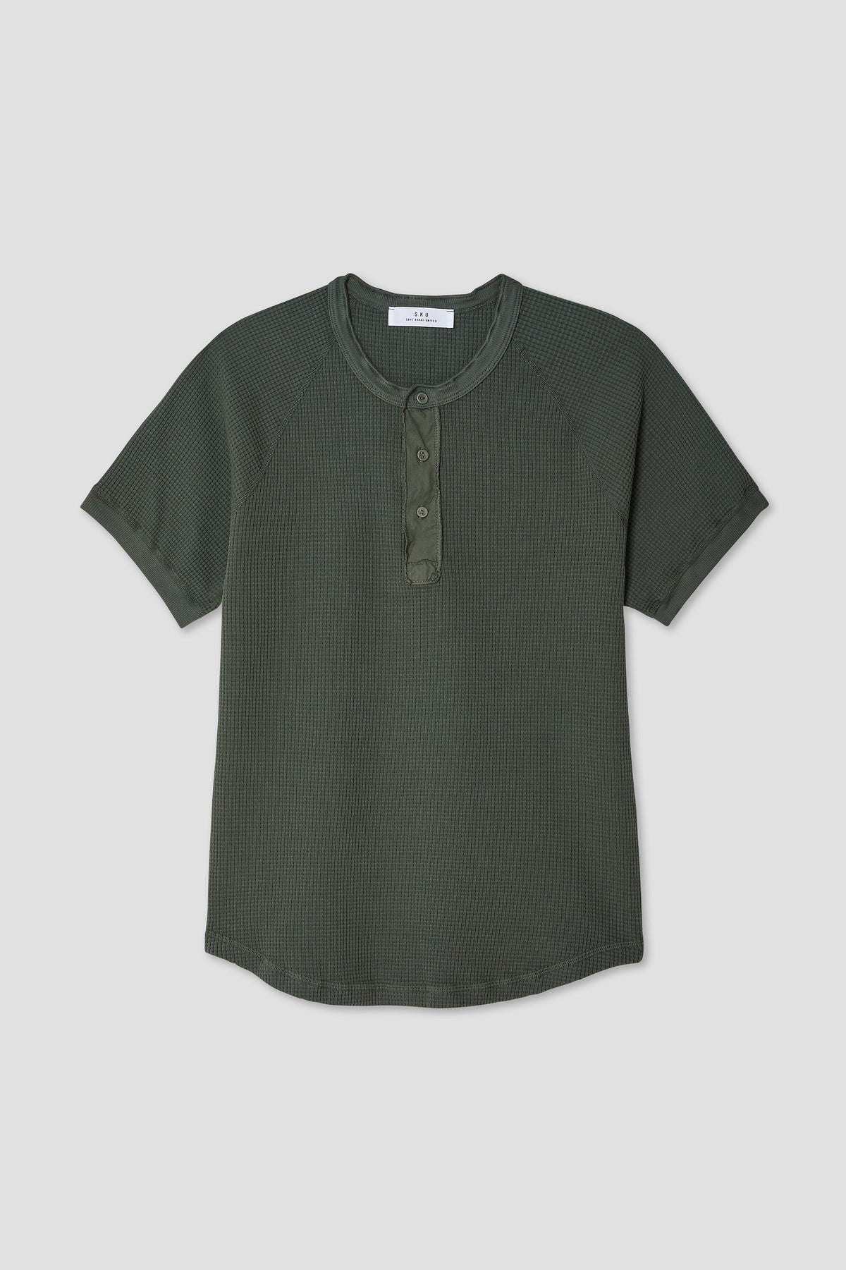 Green waffle henley shirt with short sleeves and three-button placket