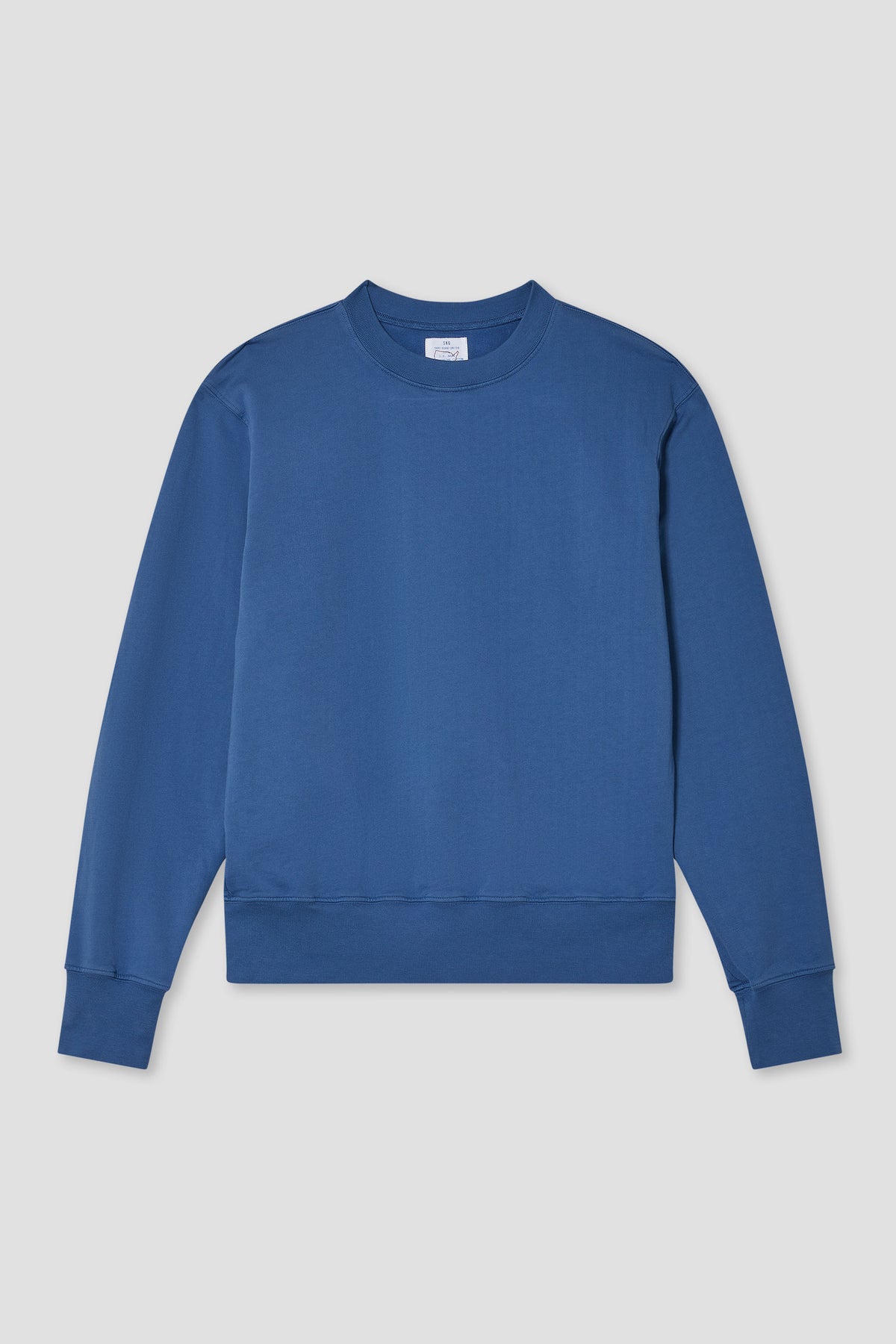 Navy blue crewneck sweatshirt with long sleeves and ribbed cuffs and hem