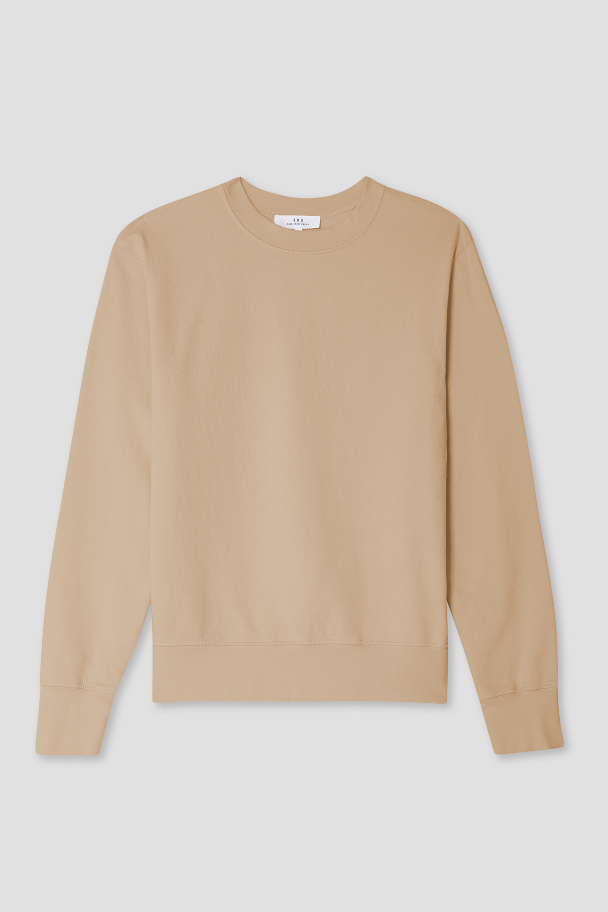 Beige crewneck sweatshirt with long sleeves and ribbed cuffs and hem