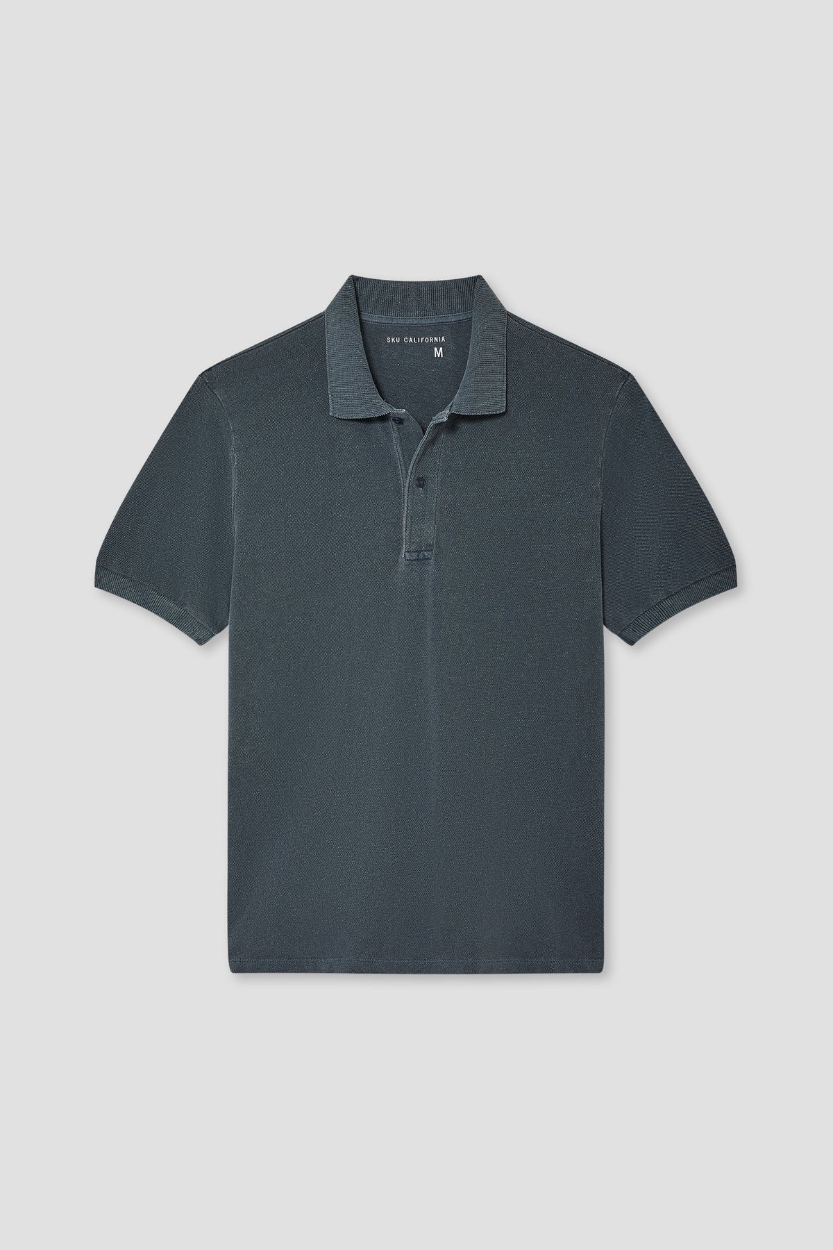Dark teal cotton-hemp pique polo with button placket and short sleeves