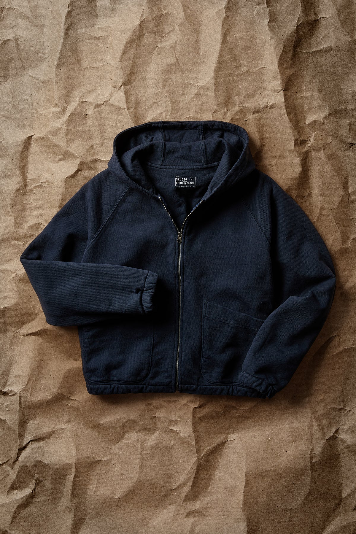 Navy double-layer zip-up hoodie with hood, front zipper and kangaroo pocket