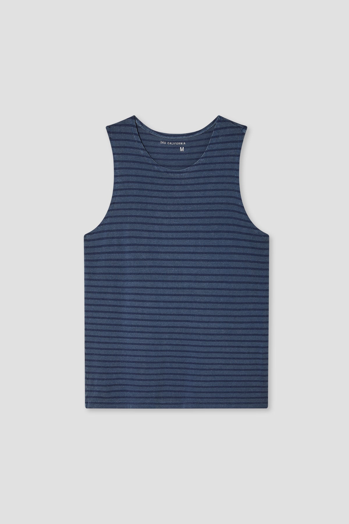 Union Blue and dark navy striped sleeveless tank top with crew neckline