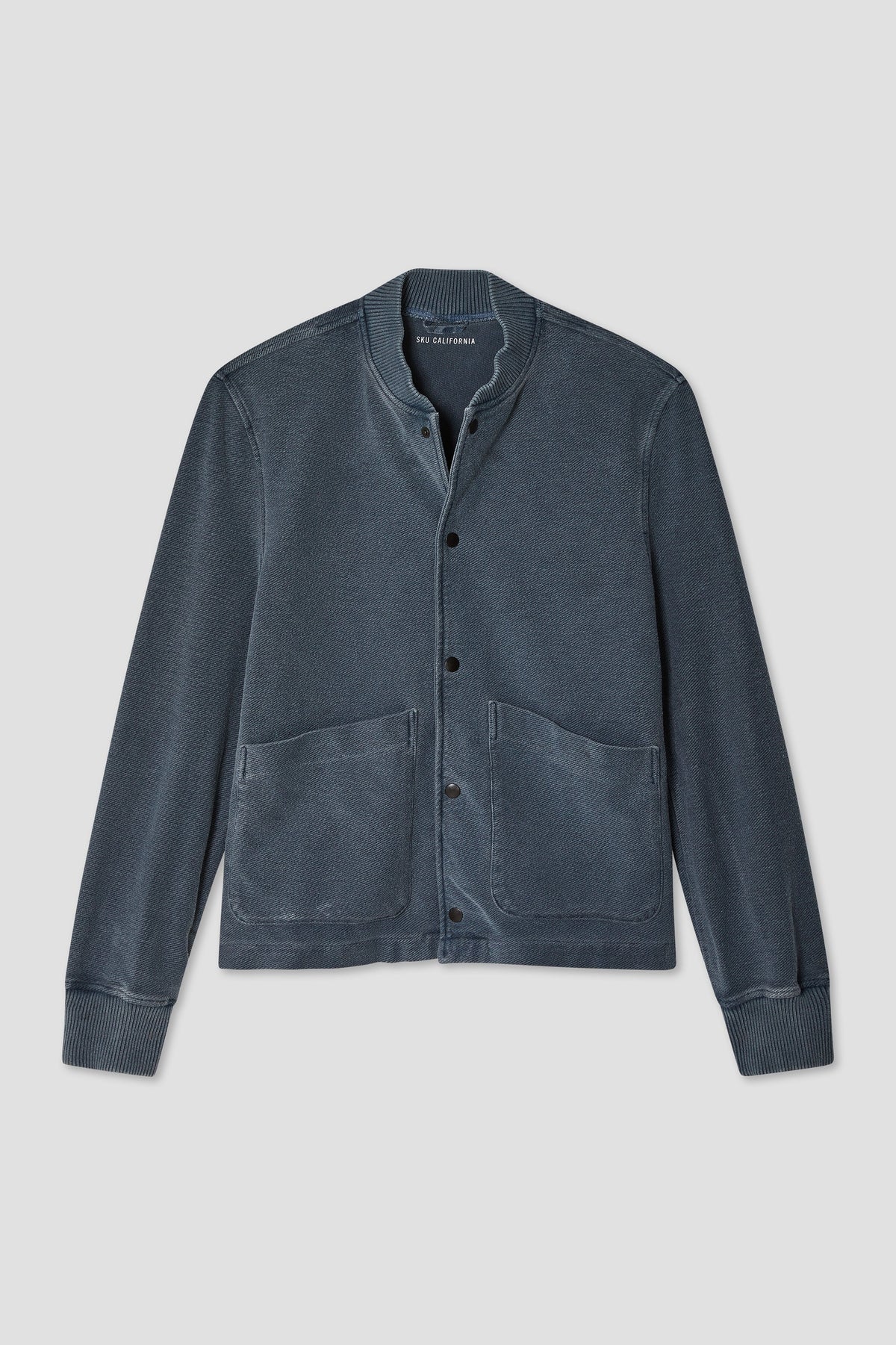 Dark navy twill terry warm-up jacket with button front and two chest pockets