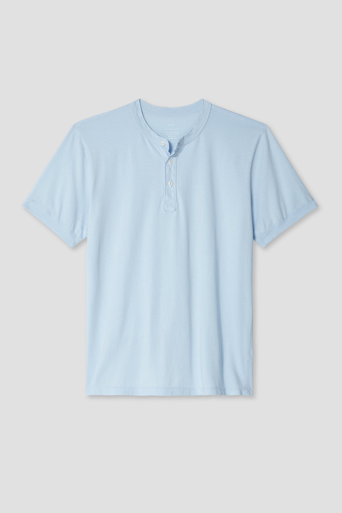Light blue short-sleeve henley shirt with V-neck and 3-button placket
