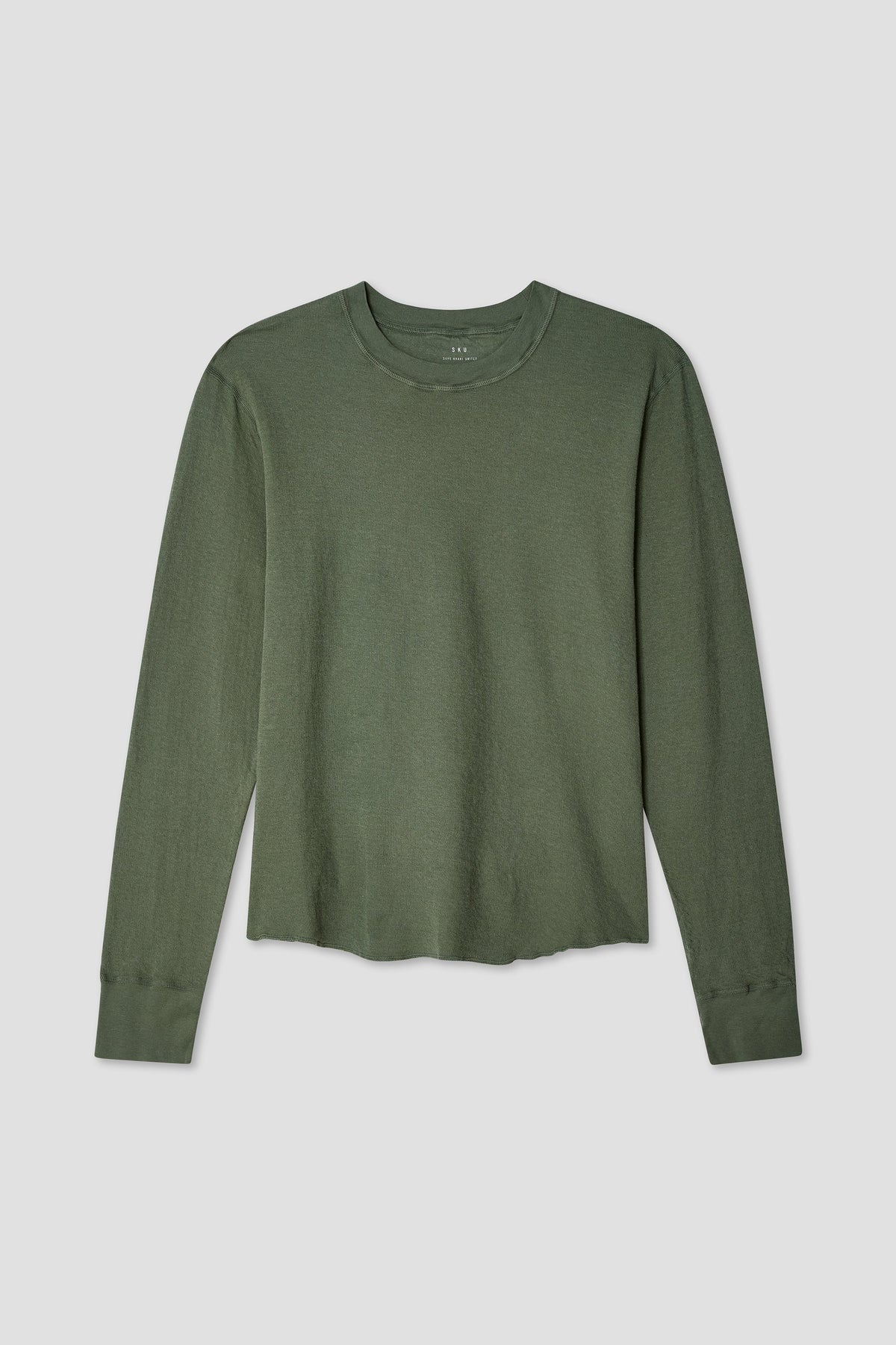 Olive green long-sleeve crewneck T-shirt with ribbed cuffs and relaxed fit