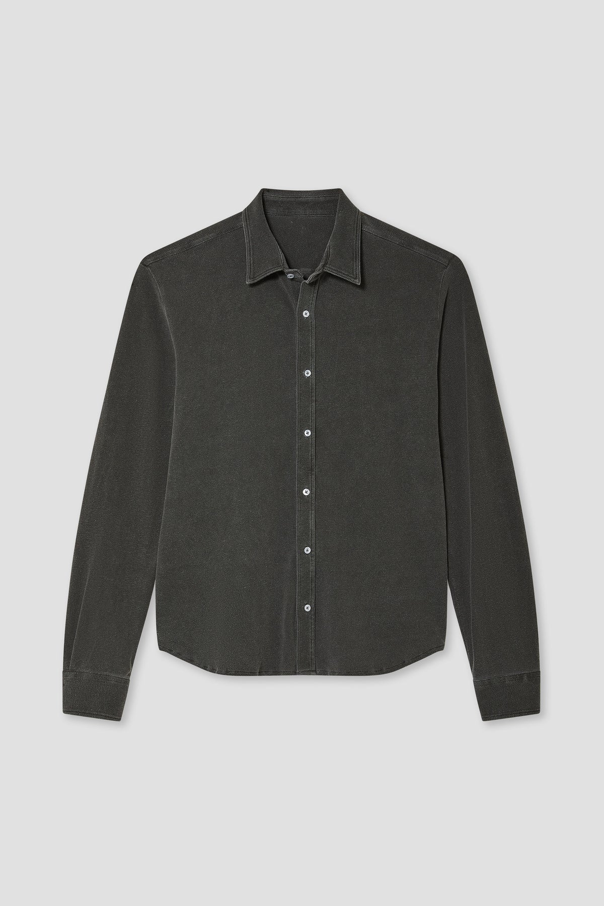 Faded black cotton-hemp easy shirt with button-front placket, pointed collar, long sleeves