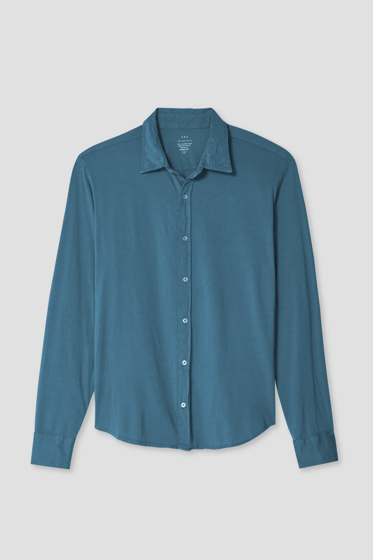 Blue long-sleeve button-up jersey shirt with point collar and front buttons