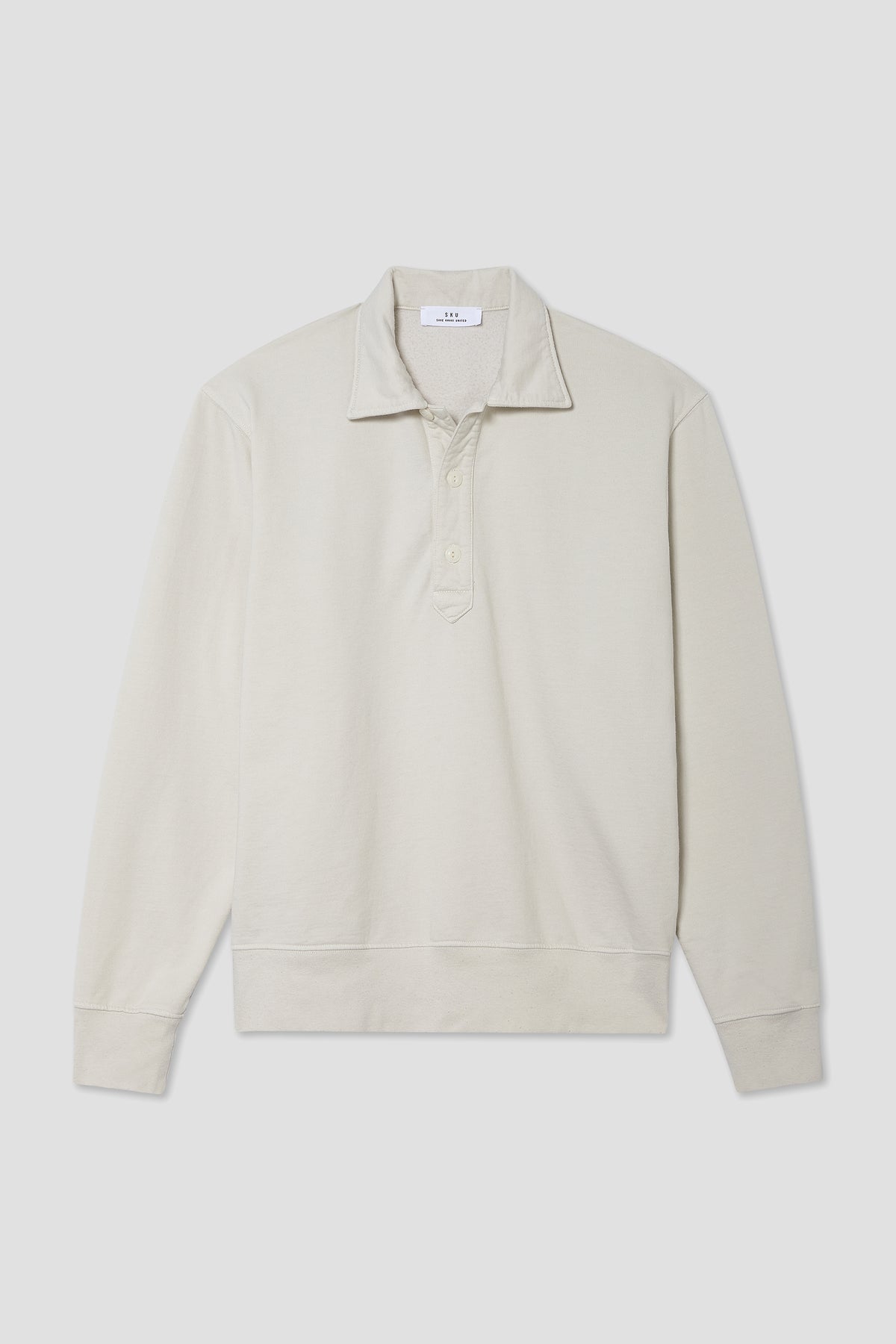 Cream long-sleeve fleece polo shirt with quarter button placket and ribbed cuffs