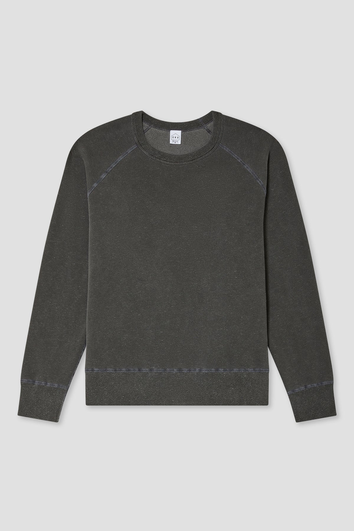 Faded black organic fleece crew sweatshirt with raglan sleeves and stitched cuffs