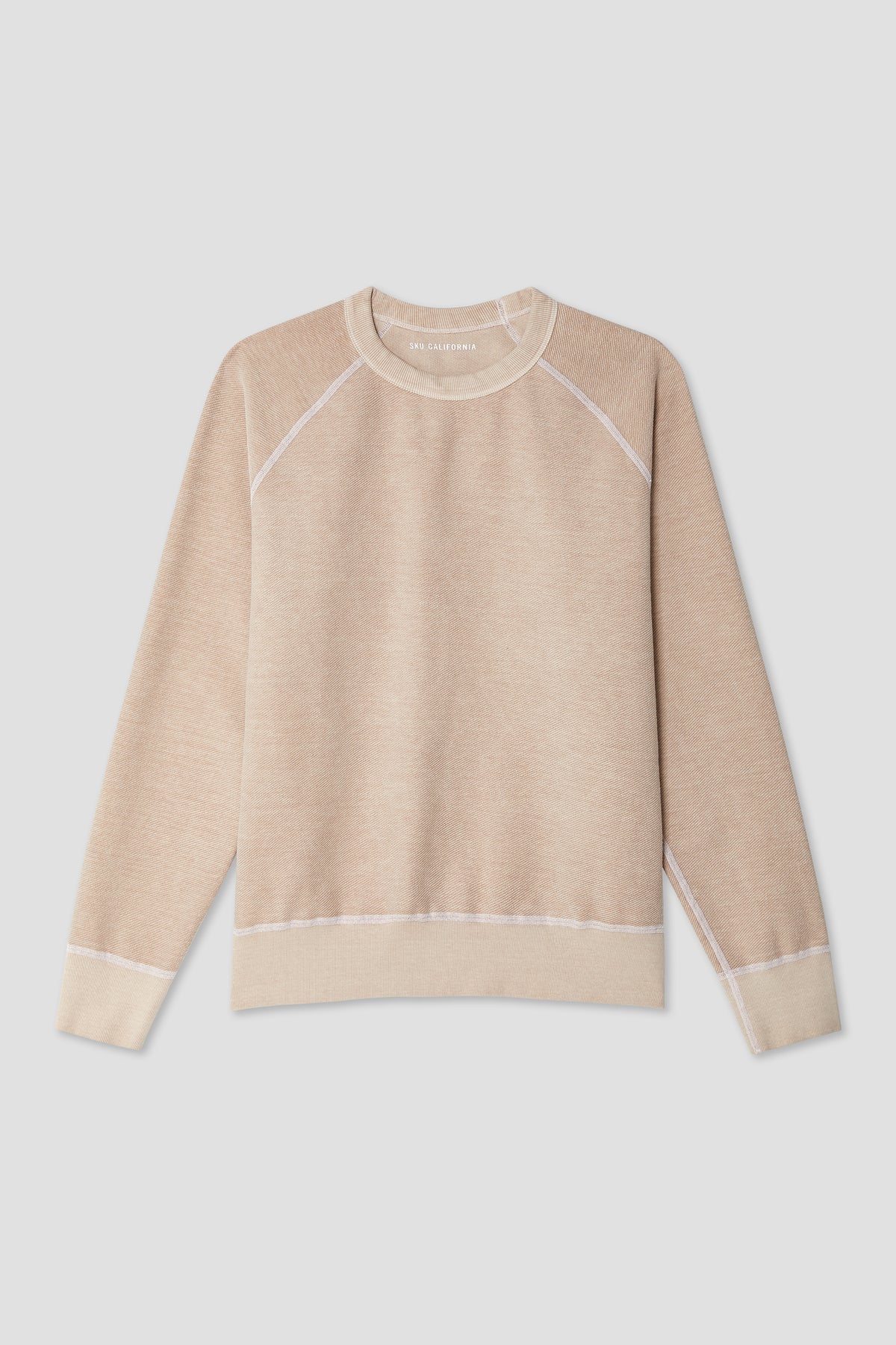 Crewneck reversible sweatshirt, light tan with contrast stitching and ribbed hem