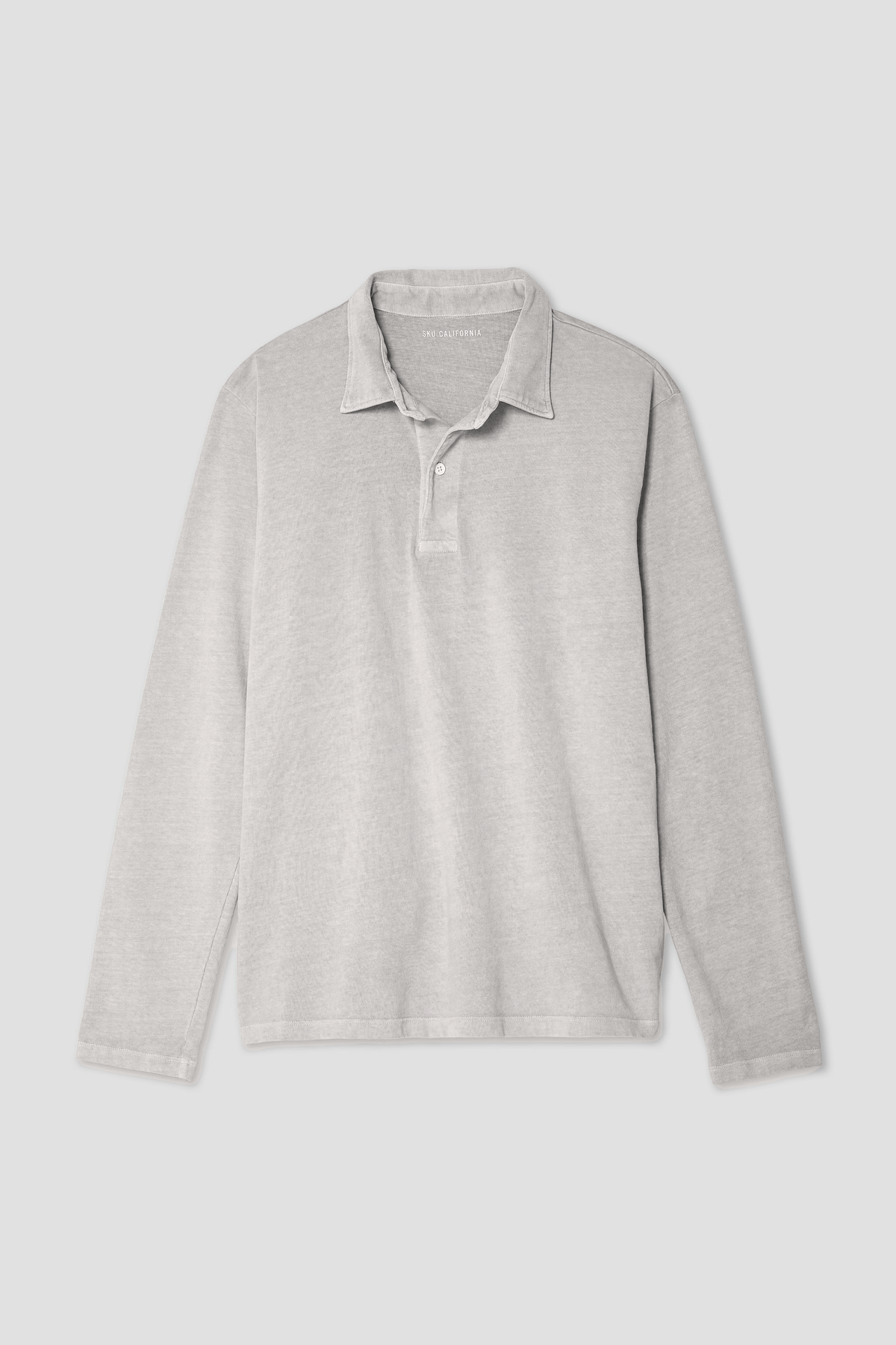 Long-sleeve polo shirt in light gray with button placket and fold-over collar