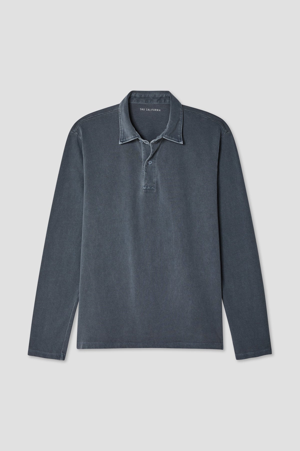 Long-sleeve polo shirt in dark navy with button placket and fold-over collar