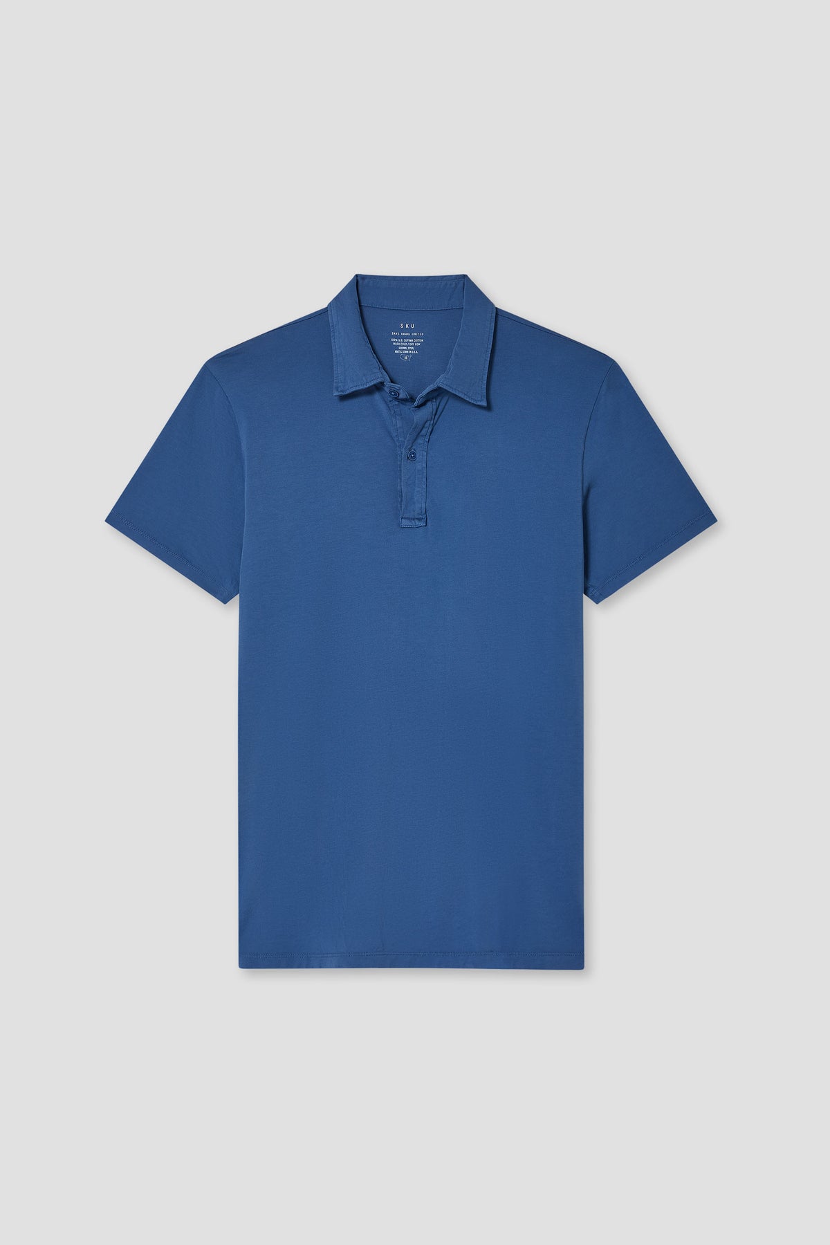 Navy short-sleeve Supima polo shirt with button placket and pointed collar
