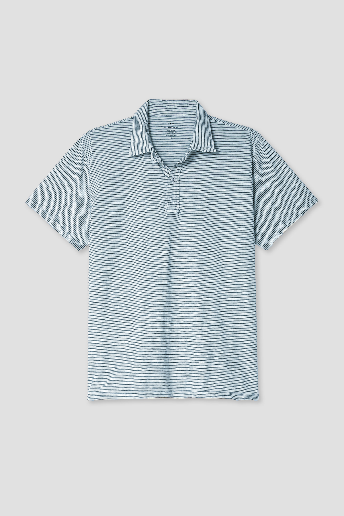 Mens short-sleeve polo shirt in light blue heather with button placket and collar