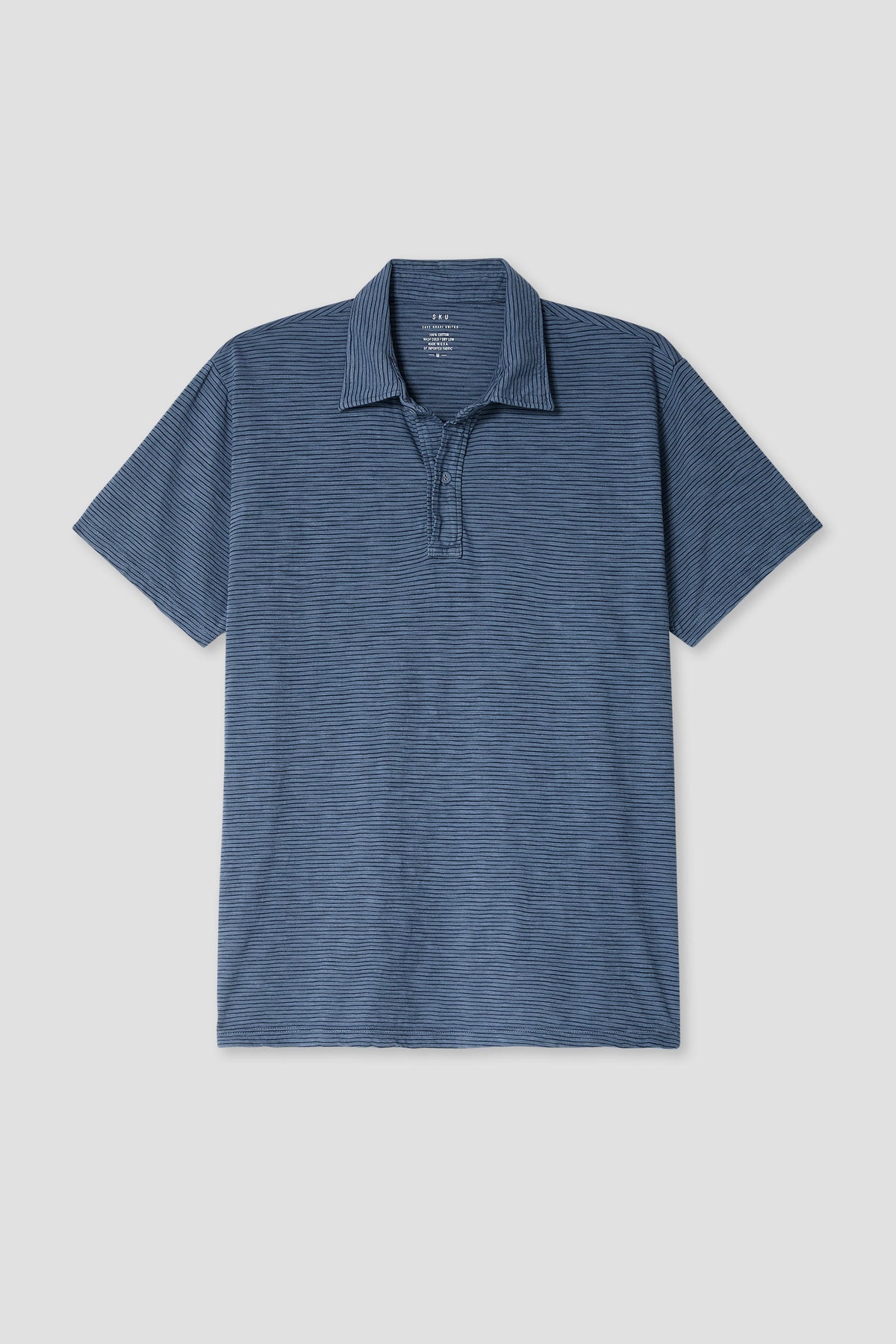 Mens short-sleeve polo shirt in blue heather with button placket and collar