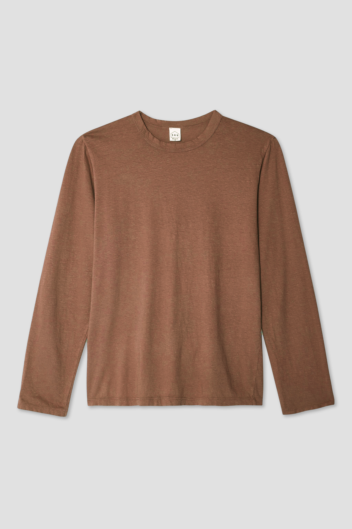 Brown long-sleeve crewneck lounge tee, organic cotton and hemp fabric.