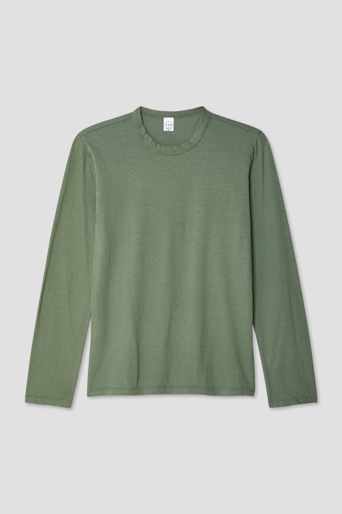Green long-sleeve crewneck lounge tee, organic cotton and hemp blend.