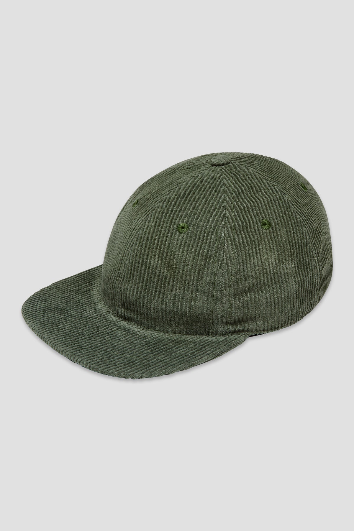 Wide wale corduroy baseball cap in olive green, side view with curved brim