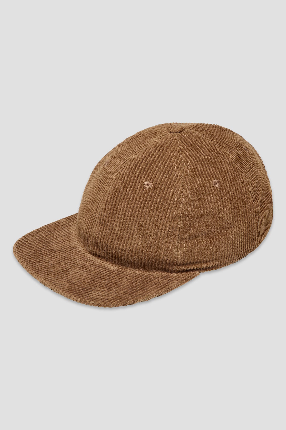 Brown corduroy baseball cap with curved brim and stitched panels