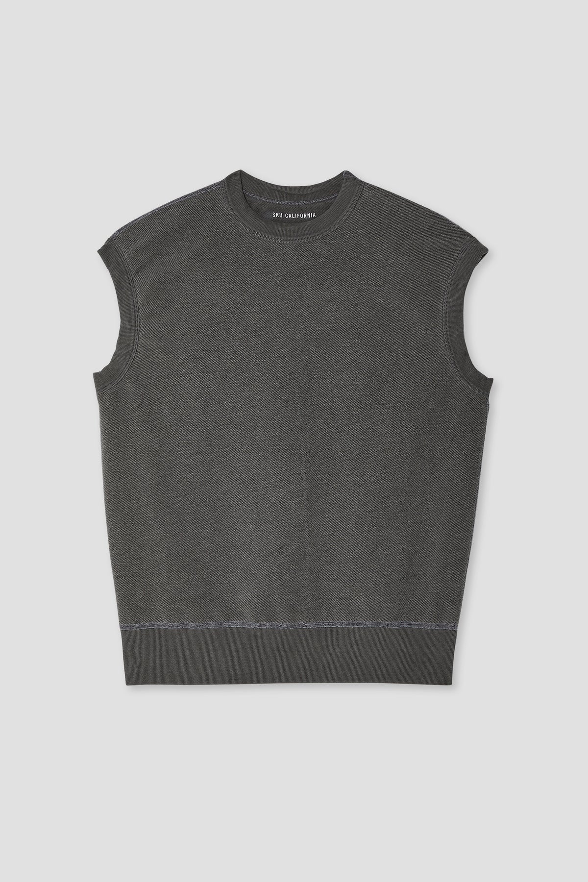 Dark charcoal sleeveless crewneck muscle sweatshirt vest with ribbed hem